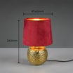 Lampa stołowa z abażurem czerwono-złota podana z wymiarami, widoczna od przodu.
