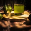 Zielony napój w wysokiej, okrągłej szklance stoi na drewnianej desce. Obok widoczna limonka.
