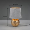 Lampa stołowa z abażurem popielato-złota z wymiarami, widoczna od przodu.