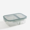 Szklany lunchbox dripstop o pojemności 1,38 l z podwójną komorą i zamkniętą pokrywką widoczny od przodu pod lekkim kątem.