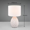 Lampa stołowa biała z wymiarami widoczna od przodu.