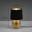 Lampa stołowa z abażurem czarno-złota z wymiarami widoczna od przodu.