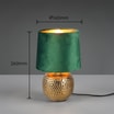 Lampa stołowa z abażurem zielono-złota z wymiarami widoczna od przodu.