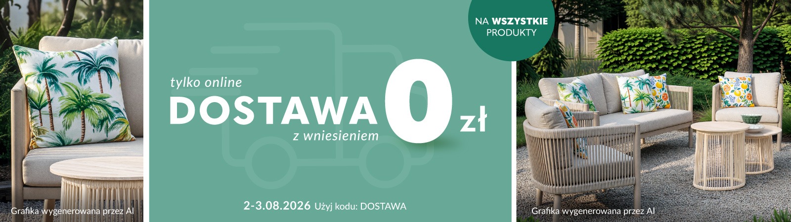 Dni darmowej dostawy Baner informacyjny przedstawiający nakryty stół z talerzami, szklanymi kieliszkami i dekoracyjnymi wazonami z kwiatami, ustawiony wśród zieleni. Tylko online. Dostawa z wniesieniem 0 zł. Promocja trwa od 02 do 03.08.2026 r. Użyj kodu: dostawa.