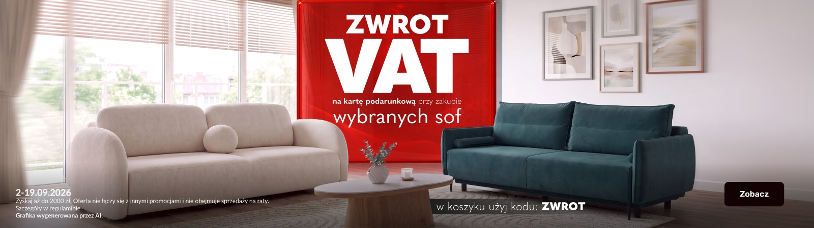 Zwrot VAT na kartę podarunkową przy zakupie wybranych sof Zwrot VAT na kartę podarunkową przy zakupie wybranych sof