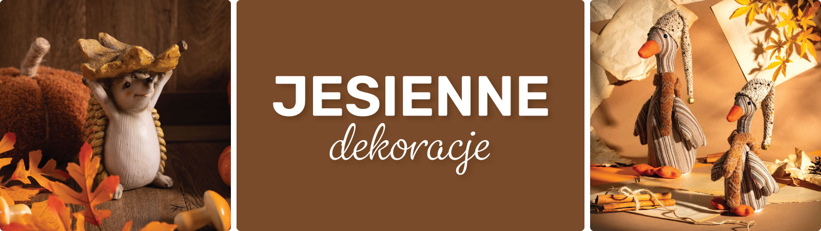 Jesienne dekoracje i dodatki do domu Dekoracyjny jeż trzymający listek i pasiaste tekstylne gęsi w szalikach.