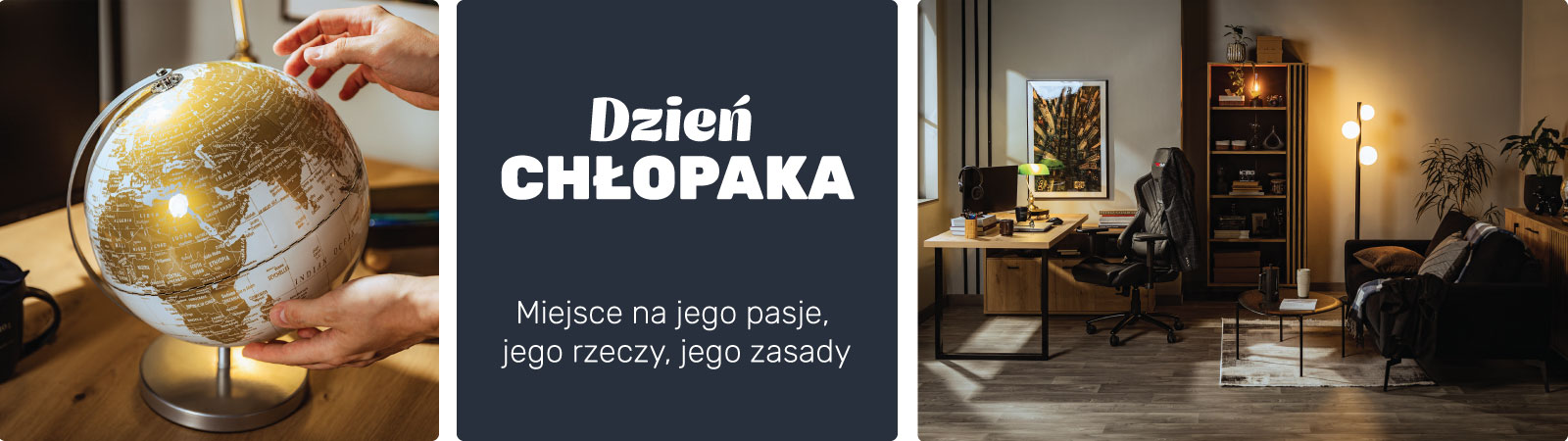Aranżacja męskiego home office z biurkiem, monitorem, lampką, książkami i dodatkami, inspirowana przestrzenią do pracy, grania i odpoczynku z okazji Dnia Chłopaka.