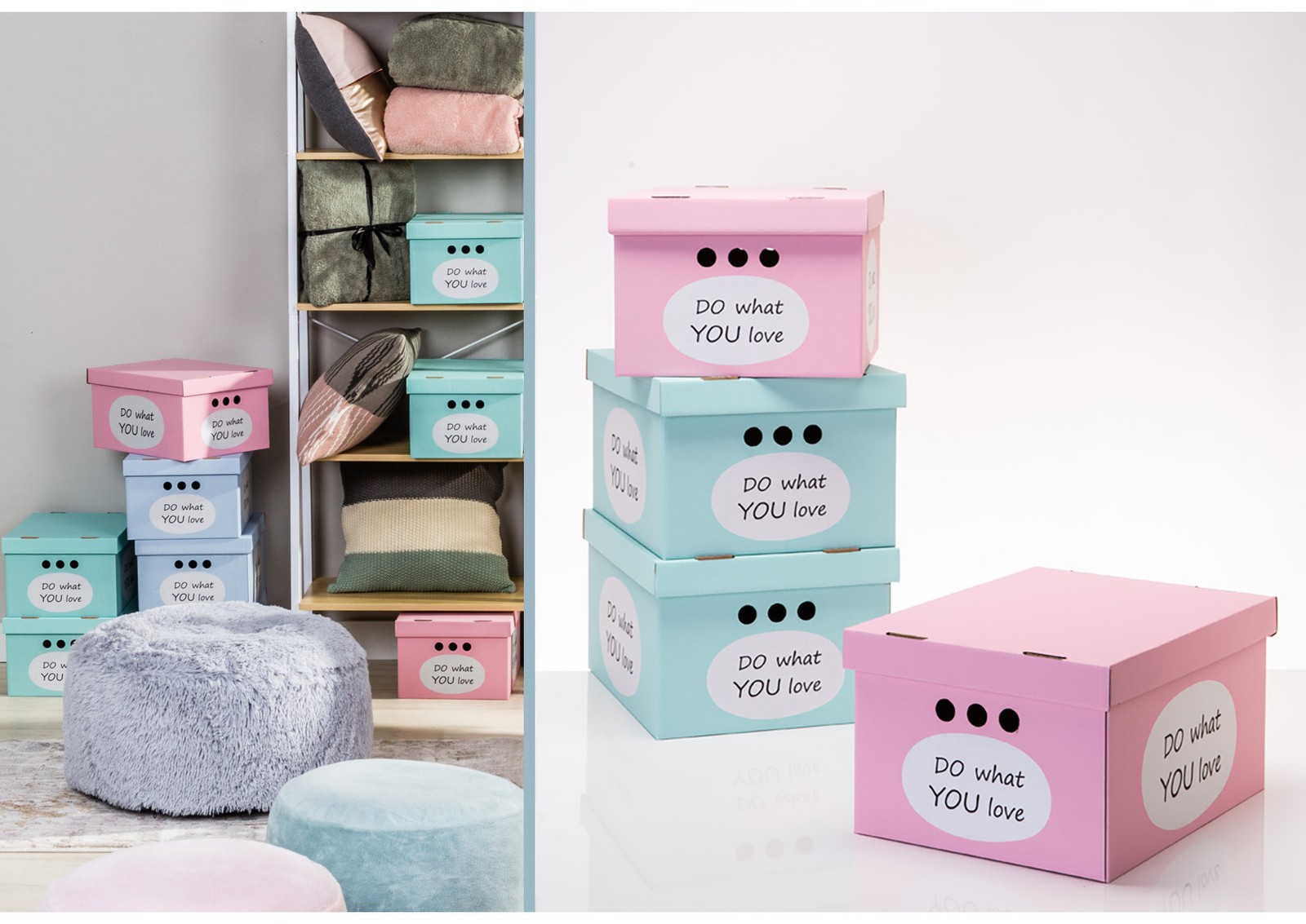 Pastelowe pudełka do przechowywania w kolorze różowym i miętowym do organizacji ubrań oraz akcesoriów domowych.