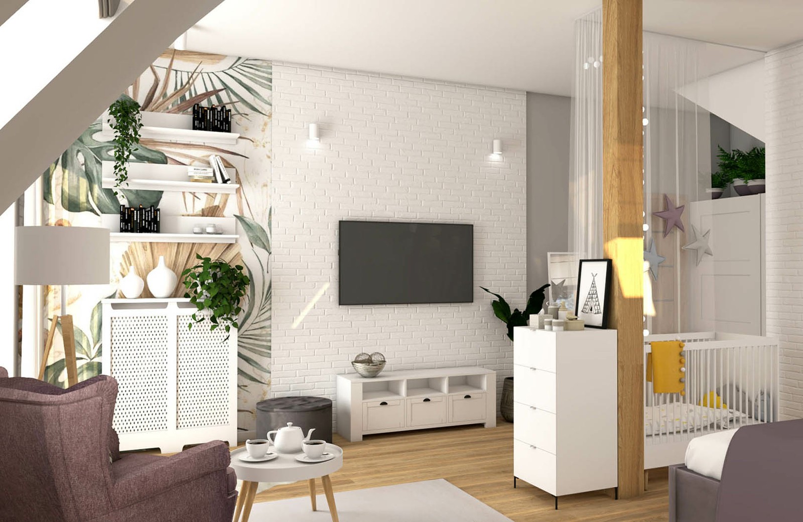 Pokoik dziecięcy oraz pokój dzienny na poddaszu
