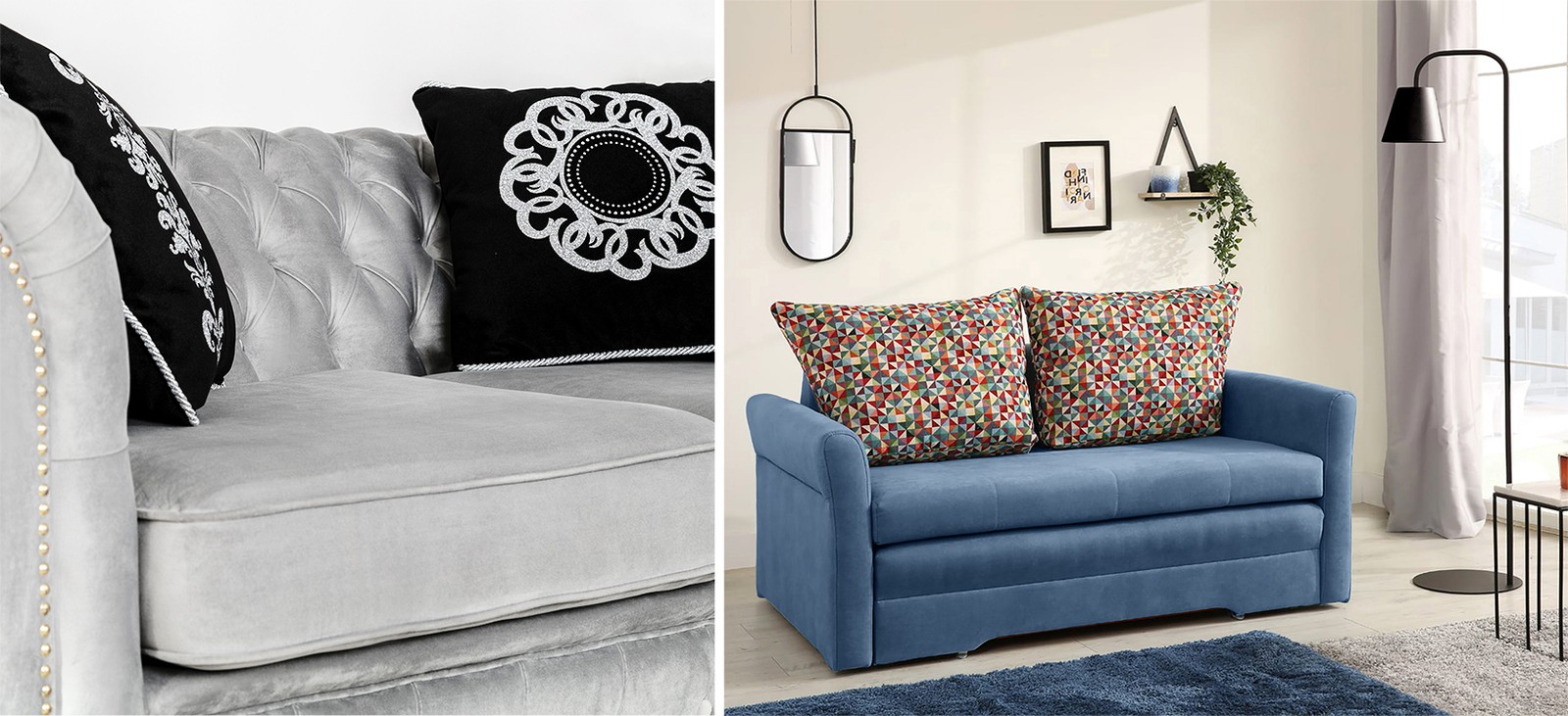 Biała pikowana sofa i niebieska sofa dwuosobowa.
