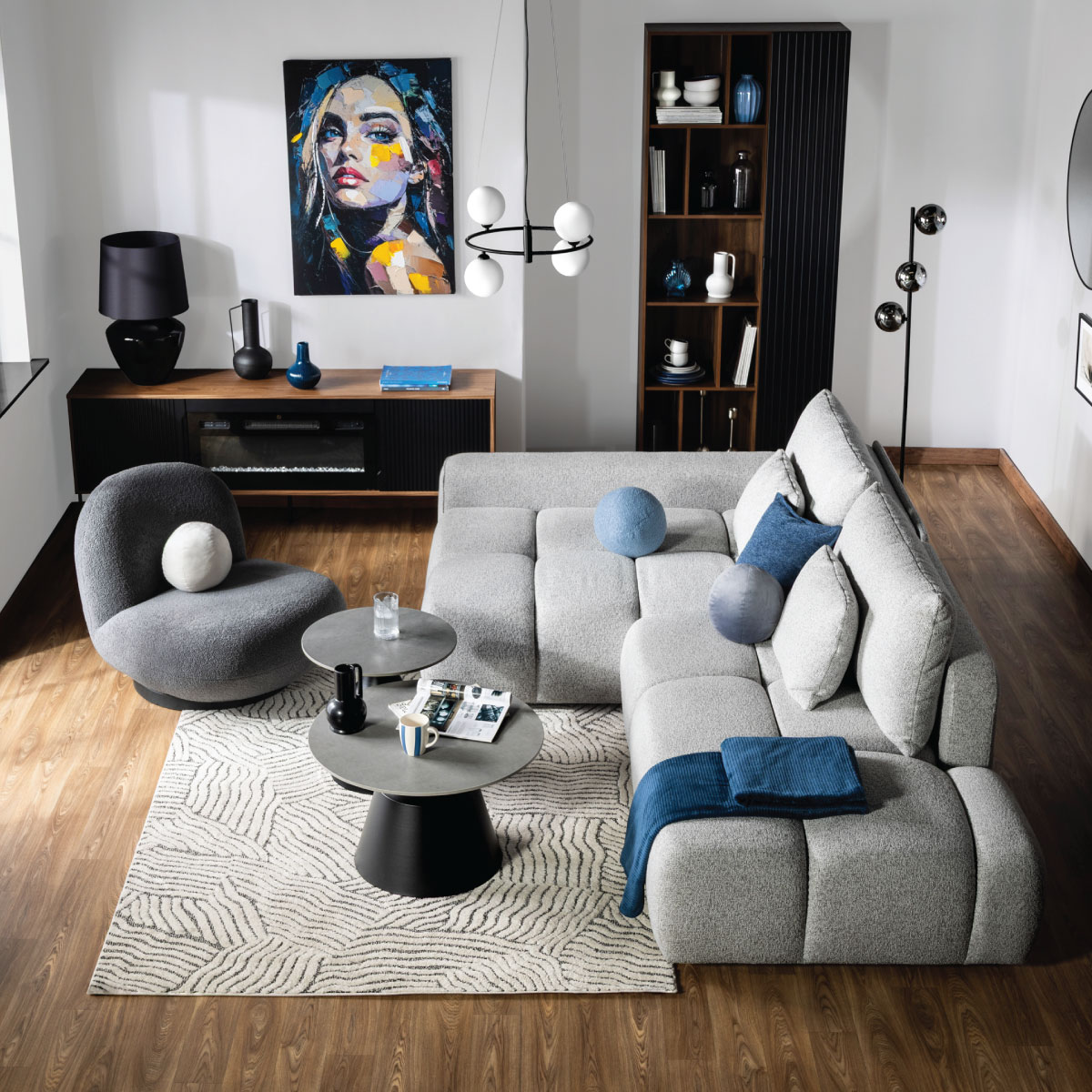 salon styl calm kontrast trendy 2026 widok z góry narożnik BIANCO O chłodny minimalizm