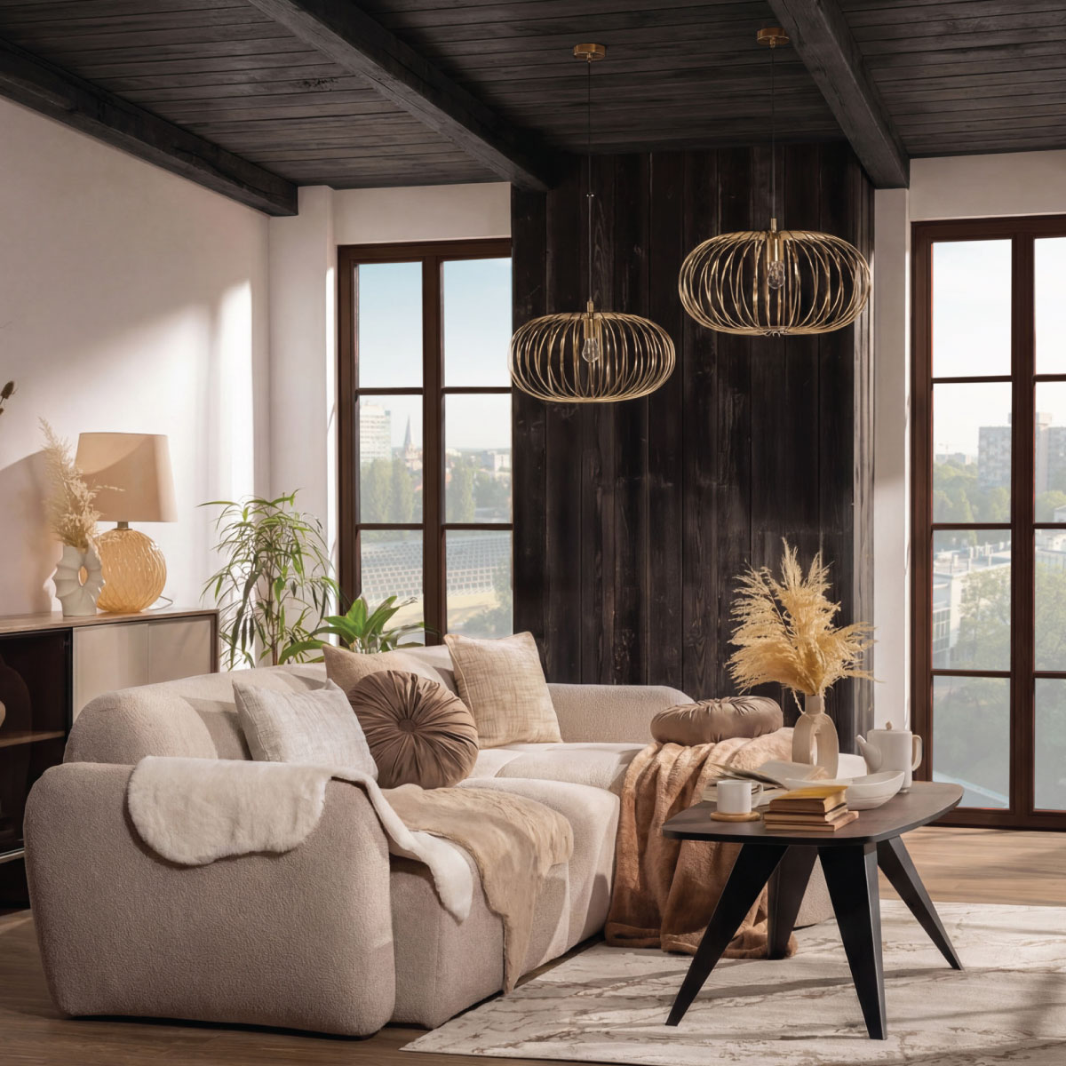 Jasny salon w stylu ski chalet z miękkim narożnikiem NUAGE, okrągłym stolikiem LUNASTRA i przytulnym dywanem SOPHIA