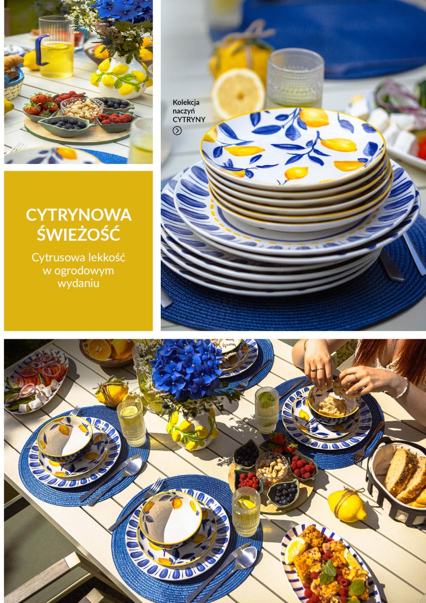 Letnia aranżacja stołu z kolekcją porcelany Cytryny ozdobionej niebiesko-żółtym motywem cytrusów. Na stole ustawiono talerze, miski, kubki, szklanki z lemoniadą, świeże cytryny oraz dekoracyjne dodatki, tworząc śródziemnomorski klimat.a