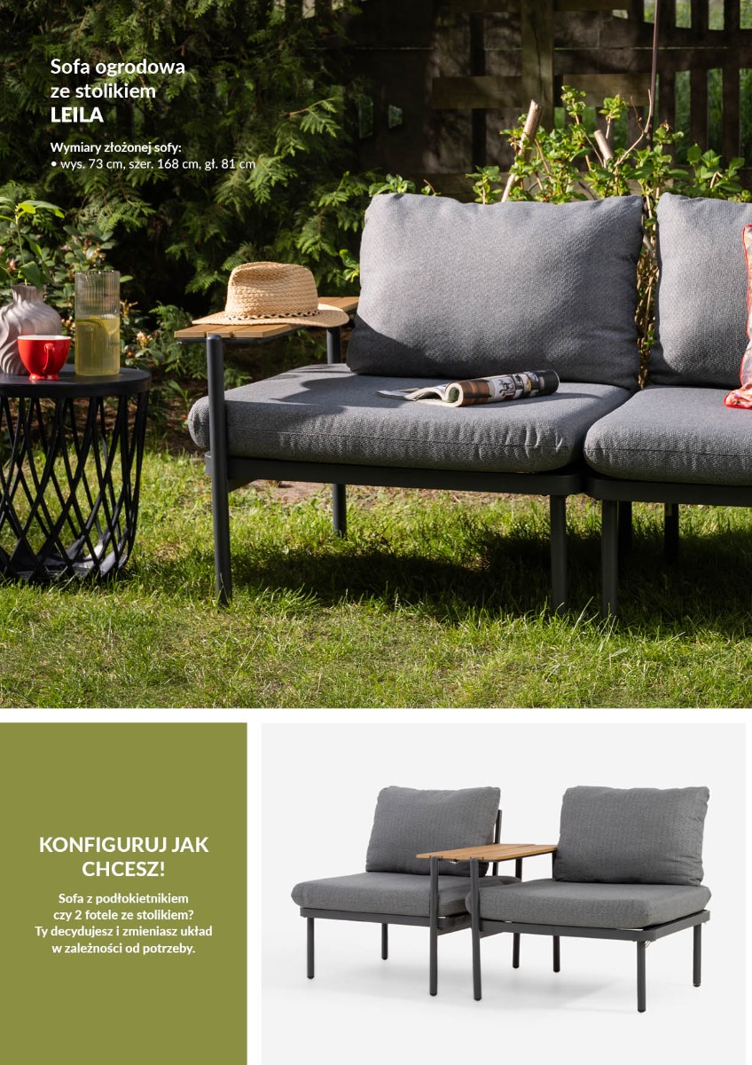 Sofa ogrodowa LEILA ze stolikiem w kolorze antracytowym ustawiona na trawie wśród zielonych roślin. Na zdjęciach pokazano także zbliżenia miękkich poduszek, stolika z napojami oraz plecionego wykończenia mebli. Aranżacja tworzy nowoczesną i funkcjonalną s