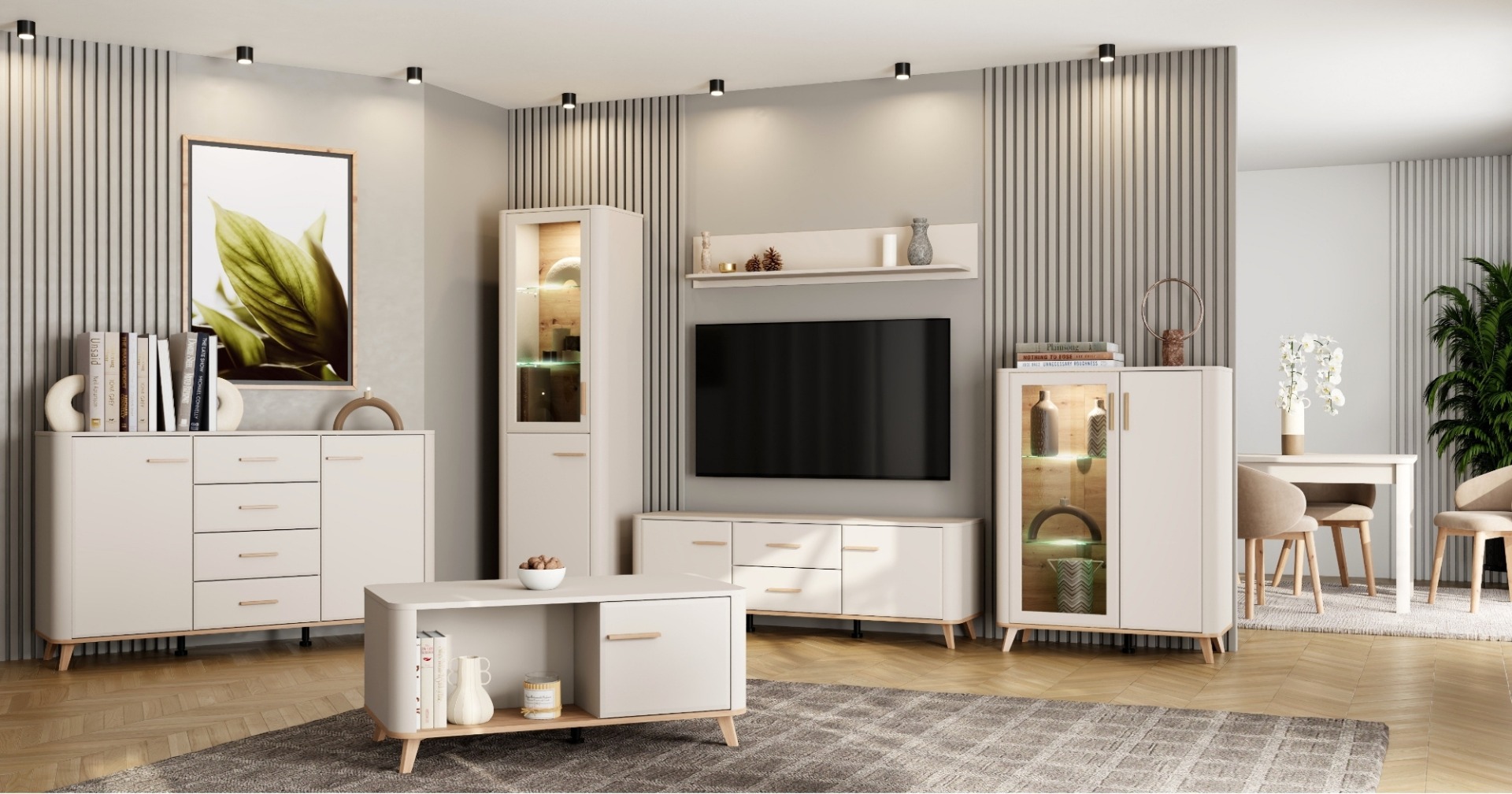 Kolekcja Darwen meble do salonu z oświetleniem LED Kolekcja jasnych mebli do salonu w kolorze kaszmiru i dębu artisan z komodą, witrynami, szafką RTV oraz stolikiem kawowym