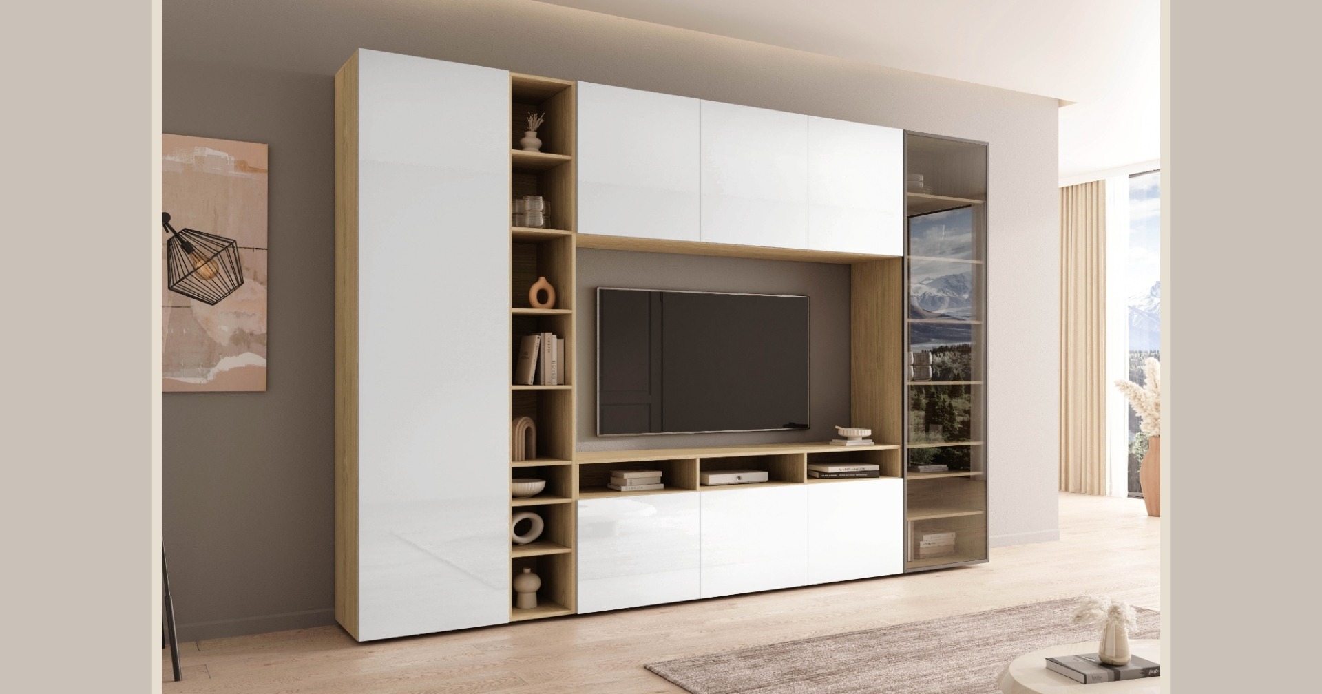 Multi Wall – modułowa zabudowa do salonu Nowoczesna modułowa zabudowa salonu w dekorze dębu scandi z frontami w kolorze biały połysk z telewizorem, szafkami, otwartymi półkami i przeszkloną witryną