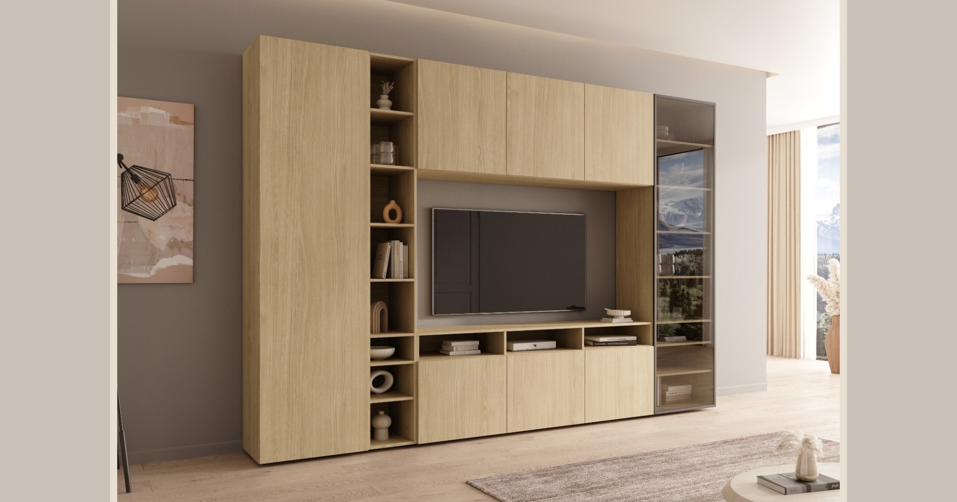 Multi Wall – modułowa zabudowa do salonu Nowoczesna modułowa zabudowa salonu w dekorze dębu scandi z telewizorem, szafkami, otwartymi półkami i przeszkloną witryną