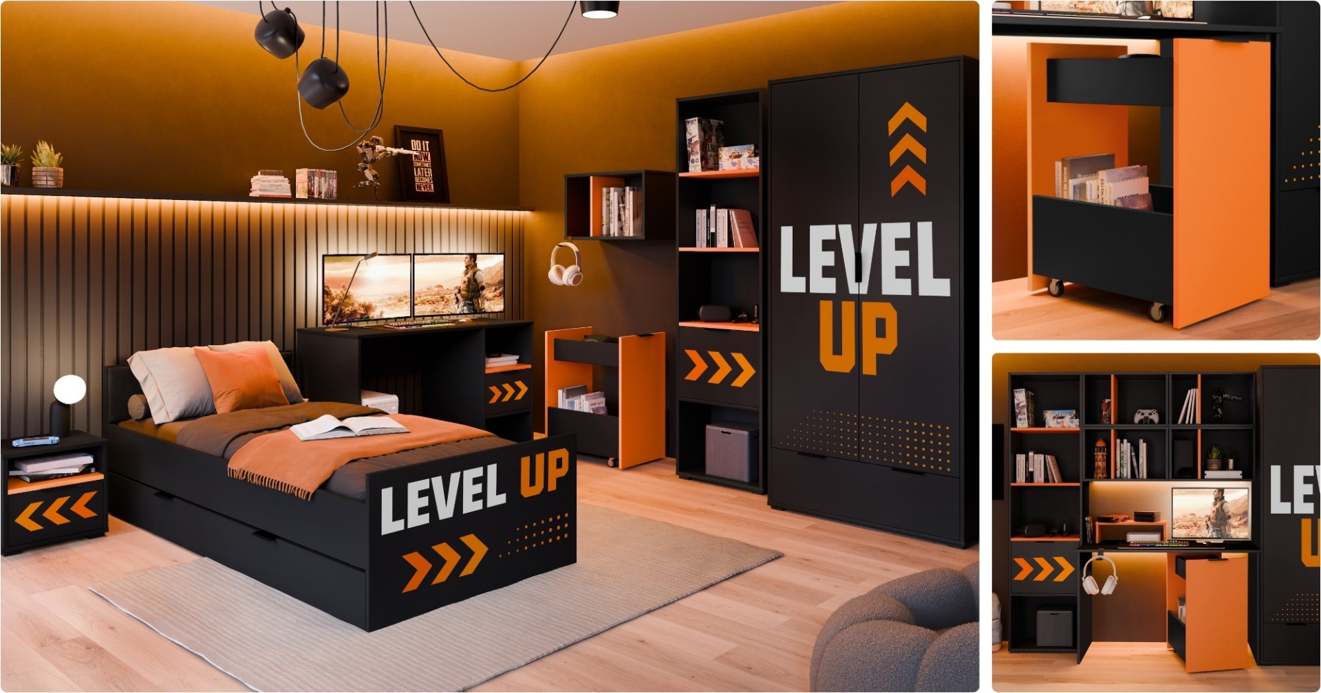 Kolekcja Level Up – nowoczesne meble do pokoju młodzieżowego w stylu gamingowym Nowoczesny pokój młodzieżowy z kolekcją Level Up w stylu gamingowym z czarnymi meblami i pomarańczowymi akcentami