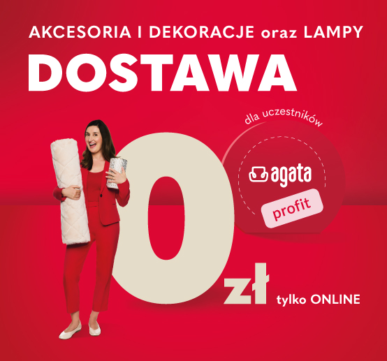Baner reklamowy: dla uczestników Agata Profit darmowa dostawa na akcesoria i dekoracje oraz lampy, tylko online.