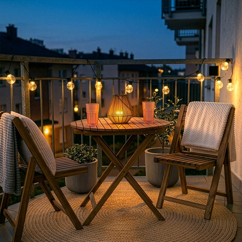 Balkon w bloku w chłodniejszy, spokojny wieczór z meblami ogrodowymi oraz akcesoriami - poduszką, kocem, lampionem, girlandą zewnętrzną.