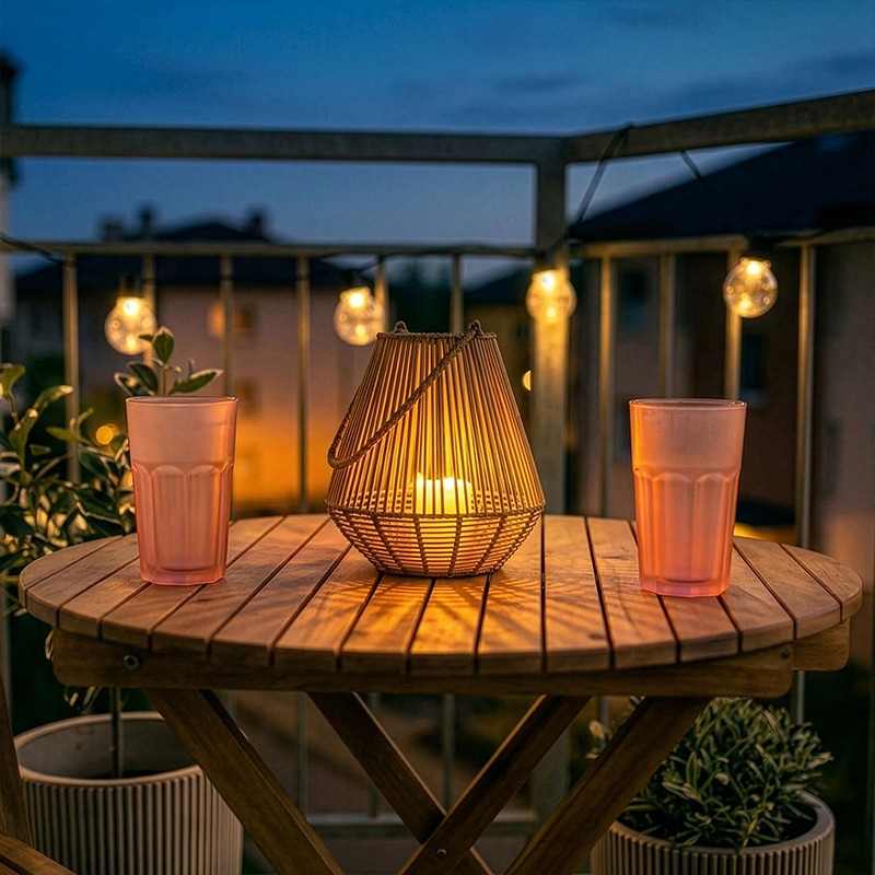 Zbliżenie na stolik ogorodowy, na którym jest lampion NATURAL oraz plastikowe kubki o pojemności 480 ml.