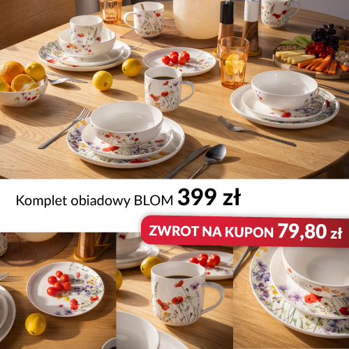 Baner promocyjny: 79,90 złotych zwrotu na kupon za zakup kompletu obiadowego BLOM w cenie 399 złotych