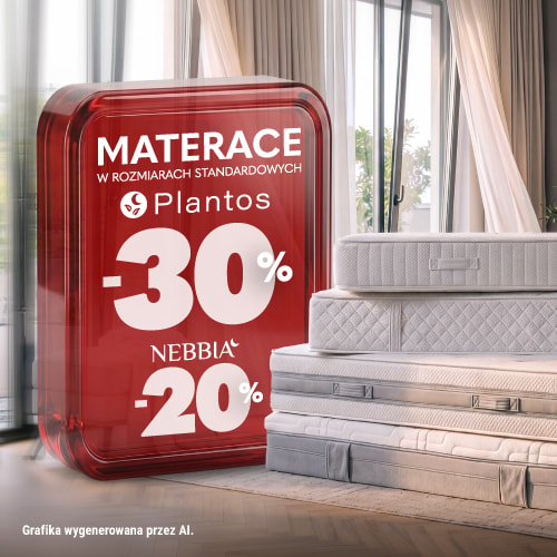 Baner promocyjny: materace Plantos taniej o 30%, Nebbia taniej o 20%. Oferta obowiązuje w dniach 22.09-17.10.2026 r. 