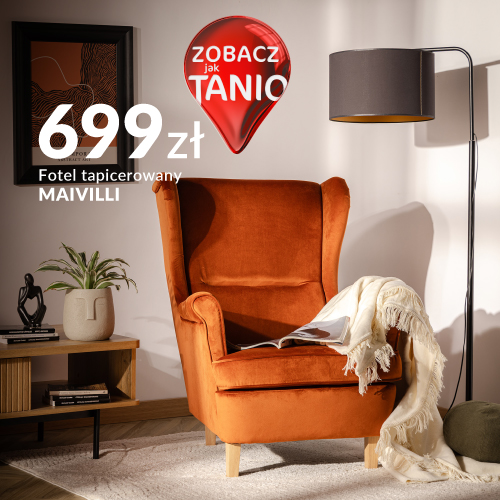 Baner reklamowy przedstawiający fotel tapicerowany MAVILLI. Fotel dostępny na www.agatameble.pl