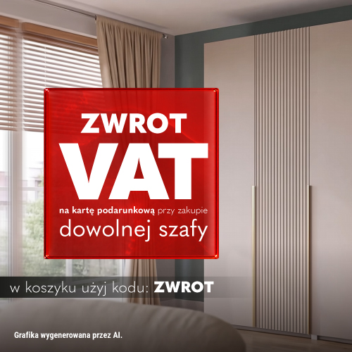 Baner promocyjny: zwrot VAT na kartę podarunkową przy zakupie dowolnej szafy. Promocja trwa od 2 do 19 września 2026 roku. Promocja nie łączy się z innymi. 