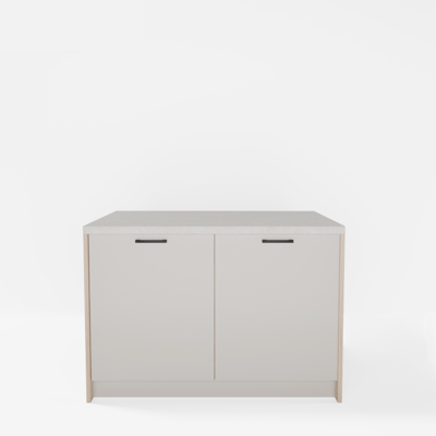 Wyspa kuchenna SALVINA, 2 szafki 60 cm z półkami, korpus dąb cremona, fronty kaszmir, blat crema limestone