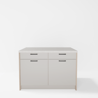 Wyspa kuchenna, SALVINA, 2 szafki 60 cm z 2 szufladami i półkami, korpus dąb cremona, fronty kaszmir, blat crema limestone
