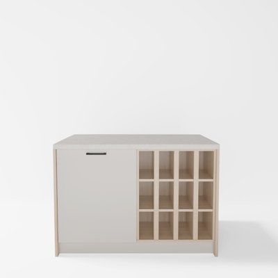 Wyspa kuchenna, SALVINA, 2 szafki 60 cm z półkami standardowymi oraz na wino, korpus dąb cremona, fronty kaszmir, blat crema limestone