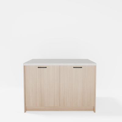 Wyspa kuchenna SALVINA, 2 szafki 60 cm z półkami, korpus dąb cremona, fronty dąb cremona, blat crema limestone