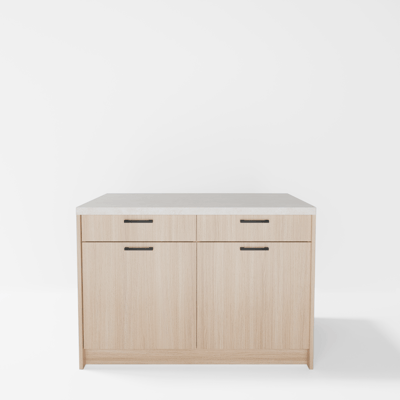 Wyspa kuchenna, SALVINA, 2 szafki 60 cm z 2 szufladami i półkami, korpus dąb cremona, fronty dąb cremona, blat crema limestone
