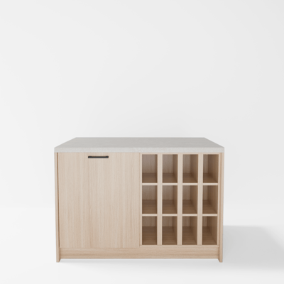 Wyspa kuchenna, SALVINA, 2 szafki 60 cm z półkami standardowymi oraz na wino, korpus dąb cremona, fronty dąb cremona, blat crema limestone