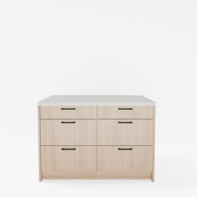 Wyspa kuchenna, SALVINA, 2 szafki 60 cm, 6 szuflad, korpus dąb cremona, fronty dąb cremona, blat crema limestone