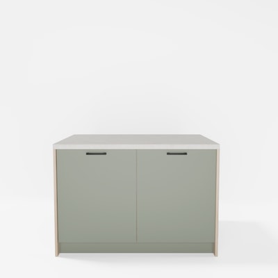 Wyspa kuchenna SALVINA, 2 szafki 60 cm z półkami, korpus dąb cremona, fronty szałwia, blat crema limestone