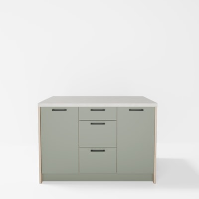 Wyspa kuchenna, SALVINA, 3 szafki 40 cm z półkami i 3 szufladami, korpus dąb cremona, fronty szałwia, blat crema limestone
