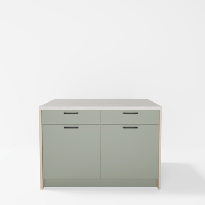 Wyspa kuchenna, SALVINA, 2 szafki 60 cm z 2 szufladami i półkami, korpus dąb cremona, fronty szałwia, blat crema limestone