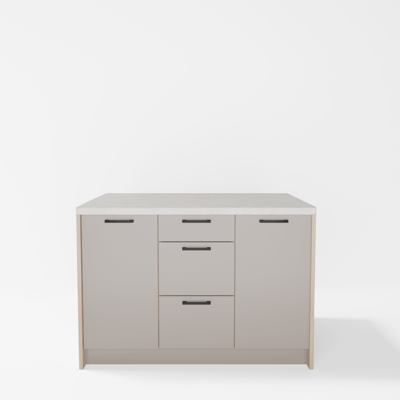 Wyspa kuchenna, SALVINA, 3 szafki 40 cm z półkami i 3 szufladami, korpus dąb cremona, fronty clay grey, blat crema limestone