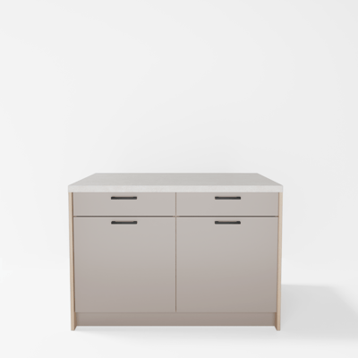 Wyspa kuchenna, SALVINA, 2 szafki 60 cm z 2 szufladami i półkami, korpus dąb cremona, fronty clay grey, blat crema limestone