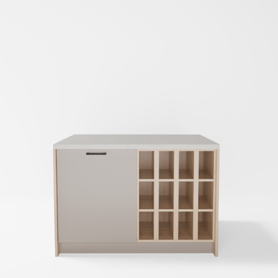 Wyspa kuchenna, SALVINA, 2 szafki 60 cm z półkami standardowymi oraz na wino, korpus dąb cremona, fronty clay grey, blat crema limestone