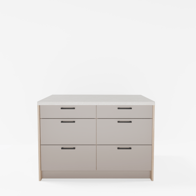 Wyspa kuchenna, SALVINA, 2 szafki 60 cm, 6 szuflad, korpus dąb cremona, fronty clay grey, blat crema limestone