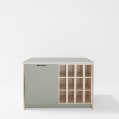Wyspa kuchenna, SALVINA, 2 szafki 60 cm z półkami standardowymi oraz na wino, korpus dąb cremona, fronty szałwia, blat crema limestone