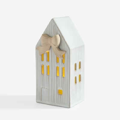 Dekoracja świąteczna  DOMEK LED biały z kokardą 22 cm