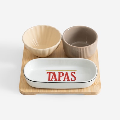 Komplet 3 miseczek na kwadratowej bambusowej podstawie TAPAS
