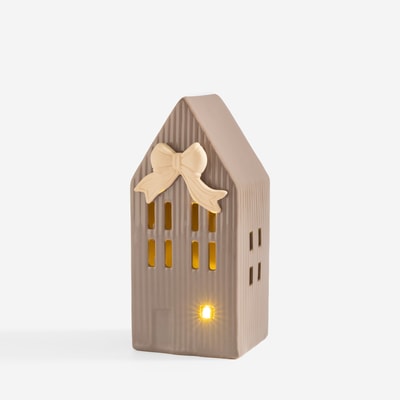 Dekoracja świąteczna DOMEK LED szary z kokardą 17,7 cm