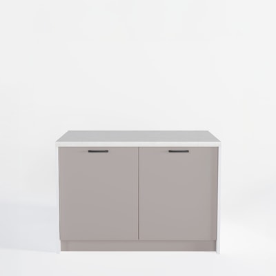 Wyspa kuchenna, SALVINA,, 2 szafki 60 cm z półkami, korpus biały, fronty clay grey, blat crema limestone