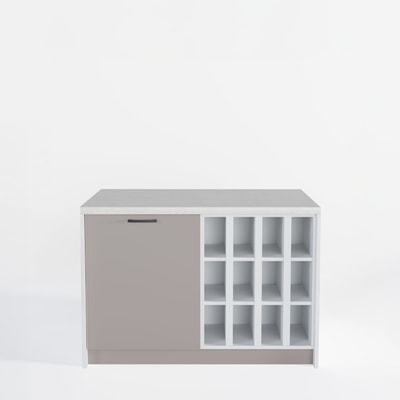 Wyspa kuchenna, SALVINA, 2 szafki 60 cm z półkami standardowymi oraz na wino, korpus biały, fronty clay grey, blat crema limestone