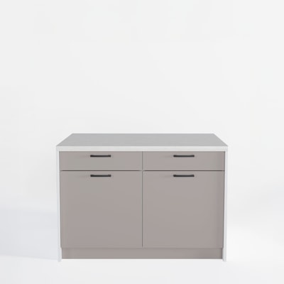 Wyspa kuchenna, SALVINA, 2 szafki 60 cm z 2 szufladami i półkami, korpus biały, fronty clay grey, blat crema limestone